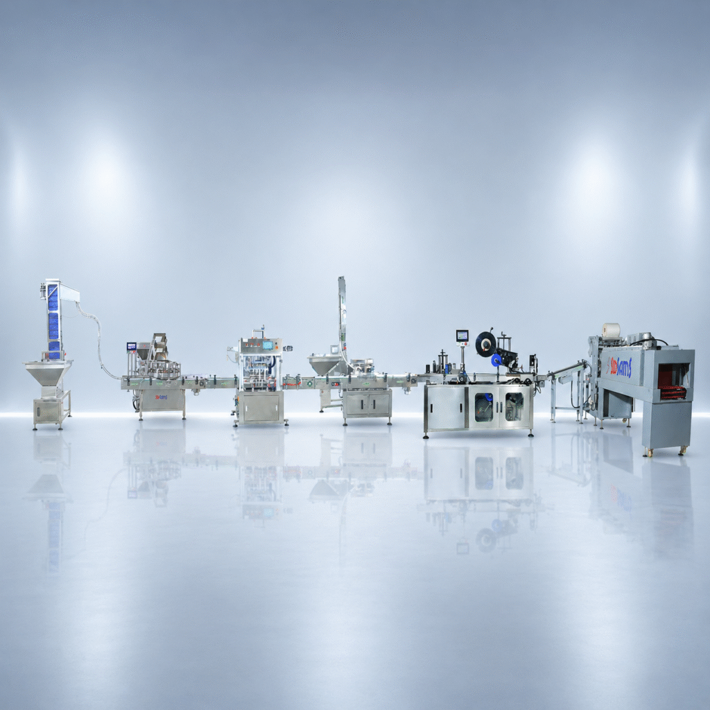 A stainless steel automated production line for filling and sealing nicotine, snus and caffeine pouches or cans.